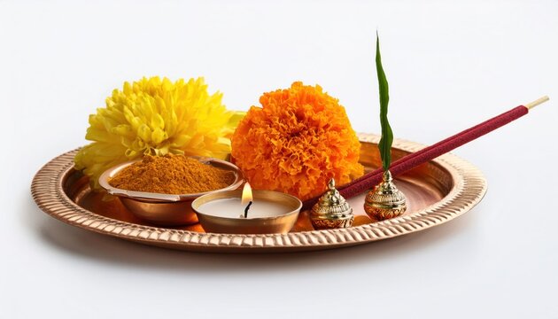 Pooja Thali with Marigold, Fruits, and Traditional Essentials for Navratri, Dussehra, and Karva Chauth