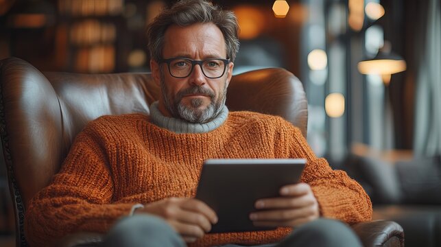 Confident middle-aged businessman in casual attire works on a digital tablet while sitting comfortably in a leather armchair in a modern sophisticated interior.