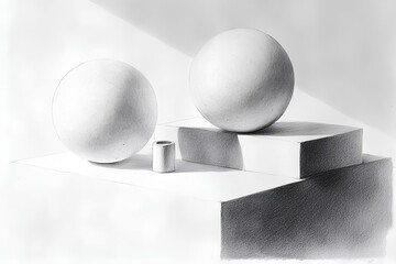 Pencil drawing of sphere, ball and cylinder on rectangular base with shading