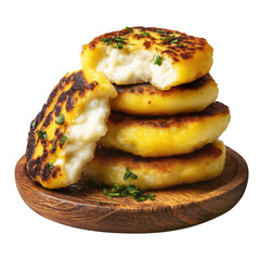 Ecuador Lapingachos fried potato patties stuffed with cheese and sprinkled herbs on wooden plate, isolated on white transparent background