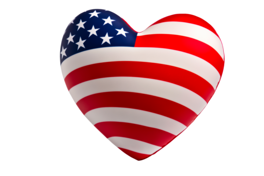Heart shaped object with American flag motif on white background, cut out transparent