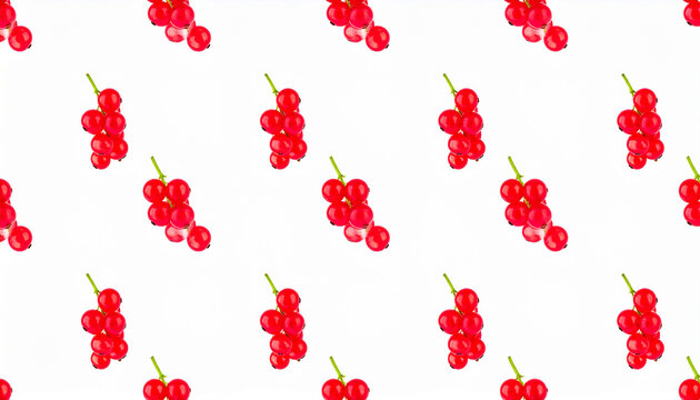 A detailed close-up of a repeating pattern of vibrant red currant berries on a white background.