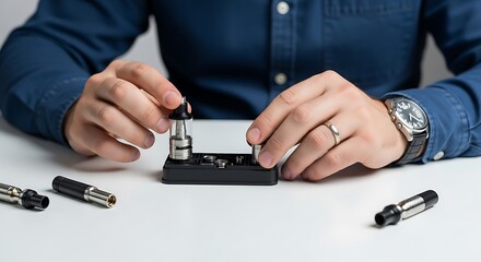 Man assembling an electronic cigarette, focusing on the hands and the vape parts preparation, in a