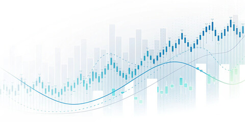 Abstract Financial Growth Chart:  Candlestick and Bar Graph Data Visualization, Upward Trend, Blue and White Minimalist Design.