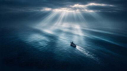 Fototapeta premium Sunlight streams across a vast, dark sea.