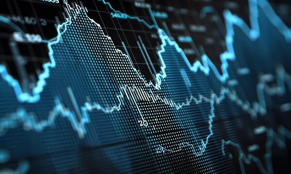 
Stylized stock market graph on a blue background with a glowing candlestick chart and an upward trend line for a financial or business concept design.