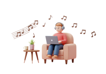 Isolated Man Working on Laptop with Music Notes - Relaxing at Home
