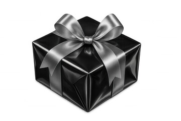 Obraz premium Glossy black gift box adorned with sleek silver ribbon, symbolizing elegance against transparent backdrop for festive moments