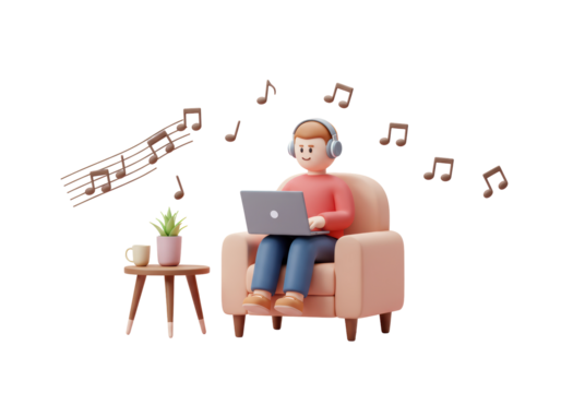 Isolated Man Working on Laptop with Music Notes - Relaxing at Home