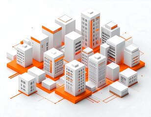 Abstract isometric city, white buildings on orange base, connected by lines