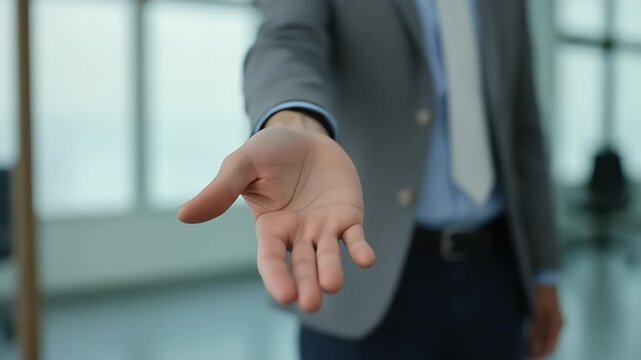 Businessman extends an open hand in a gesture of offering or acceptance indoors