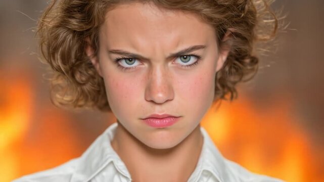 Furious Woman With Fierce Expression Against Burning Fire Flames.