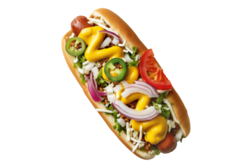 Colombia Perro Caliente Hot Dog Colombiano topped with mustard, red onions, pickles, chili, tomatoes, isolated on white transparent background, concept of fast food and street cuisine
