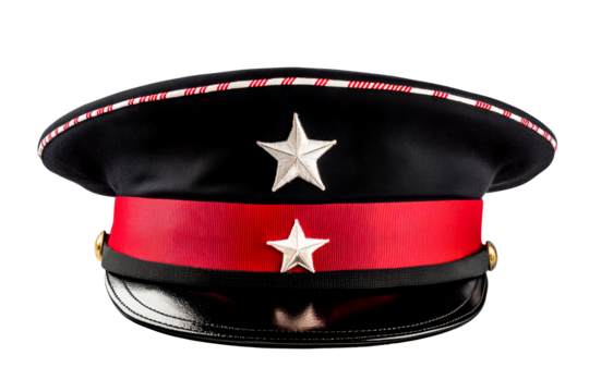 Ornate Black Cap with Silver Stars and Red Band Detail, cut out transparent - Powered by Adobe