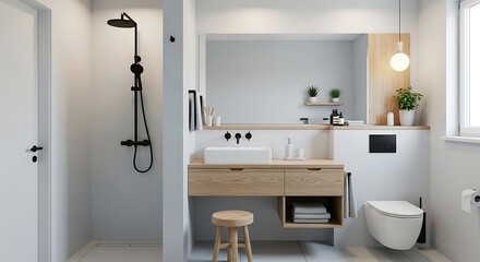 Modern minimalist bathroom design with wood accents and sleek fixtures, exuding serenity and style
