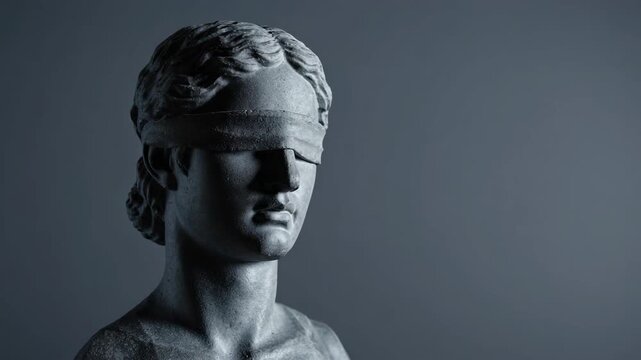 Lady Justice statue rotating slowly, blindfolded, representing law, ethics, and fairness, animation