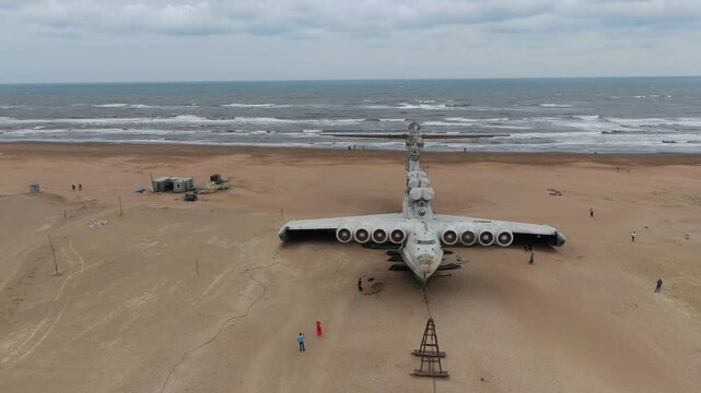 Aerial drone view of Lun ekranoplan, near Derbent, Dagestan, Russia
