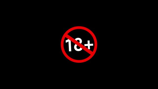 18 plus icon sign animation on dark background. Under 18 sign warning symbol. Over 18 only censored. eighteen age older. 4K animation
