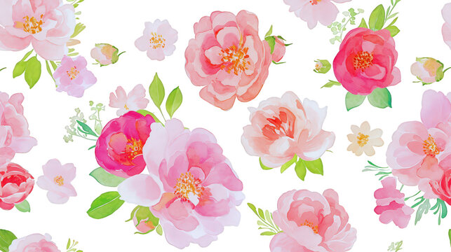 Elegant watercolor seamless pattern of blooming peonia PNG