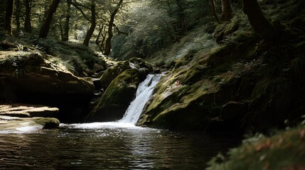 Small waterfall cascading down mossy rocks in a woodland stream.