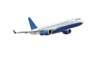 Isolated Airplane Taking Off with White and Blue Livery