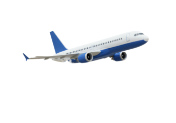 Isolated Airplane Taking Off with White and Blue Livery