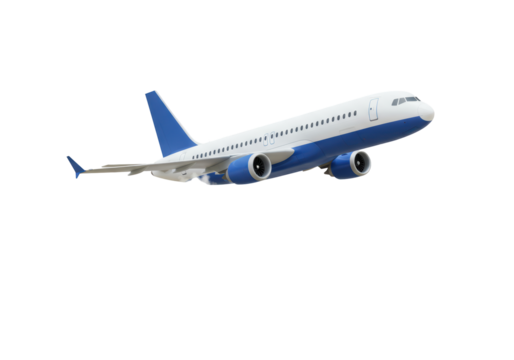 Isolated Airplane Taking Off with White and Blue Livery