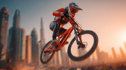 BMX rider performing a mid-air trick at golden hour