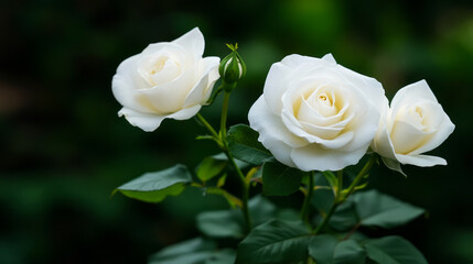 Beautiful white roses blooming in a lush green garden under soft natural light