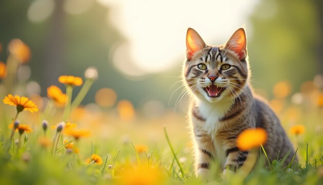 A Blooming Day for the Joyful Little Cat