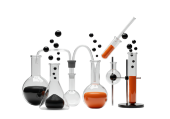 Isolated Complex Chemistry Setup with Flasks and Bubbling Orange Liquid
