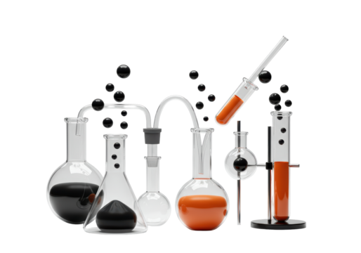 Isolated Complex Chemistry Setup with Flasks and Bubbling Orange Liquid