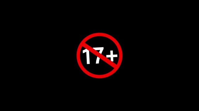 17 plus icon sign animation on dark background. Under 17 sign warning symbol. Over 17 only censored. eighteen age older. 4K animation
