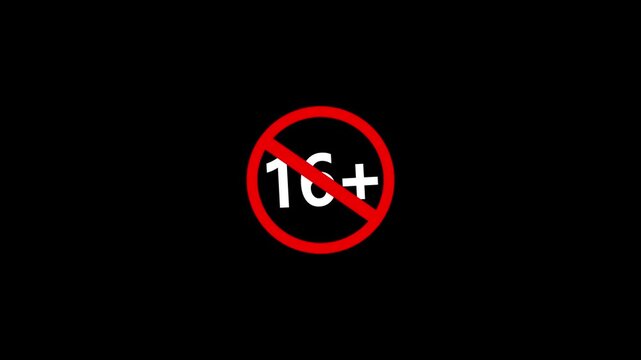 16 plus icon sign animation on dark background. Under 16 sign warning symbol. Over 16 only censored. eighteen age older. 4K animation
