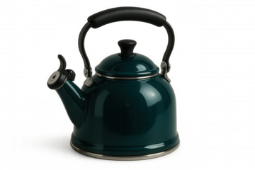 Shiny green kettle with black handle and spout, ready for boiling water, isolated on transparent background