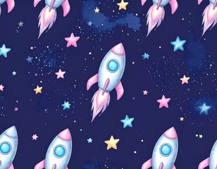 Repeating pattern of rockets and stars on a dark blue background