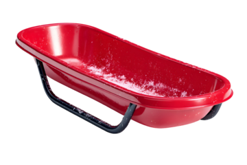 Isolated vibrant red sled with black runners against a transparent background for winter fun