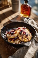 Stacked pancakes, topped with berries and powdered sugar, in a cast iron skillet on a wooden table
