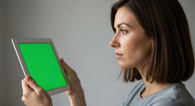 Woman holding tablet with green screen for mockup and design presentation