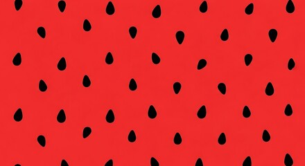 Vibrant red surface dotted with black seed-like shapes, creating a playful pattern