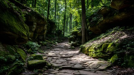 Obraz premium Cobblestone pathway through a lush forest.