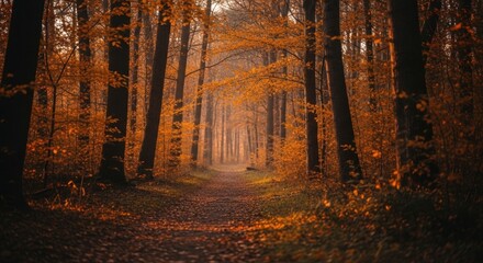 Enchanting autumn forest pathway with warm golden foliage