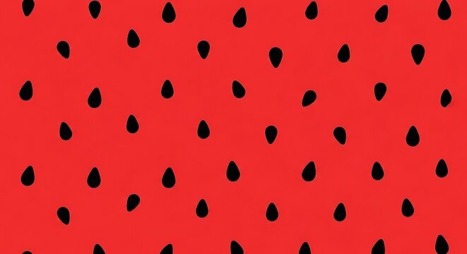 Vibrant red surface dotted with black seed-like shapes, creating a playful pattern