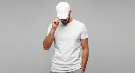 A man in a white t-shirt and cap adjusts his headwear, looking down against a neutral background.