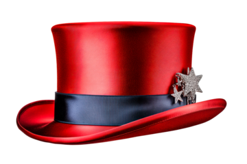 Crimson top hat with glittering star embellishments and a dark blue band, cut out transparent