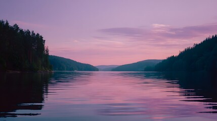 Obraz premium Serene lake at sunset, reflecting the vibrant sky.