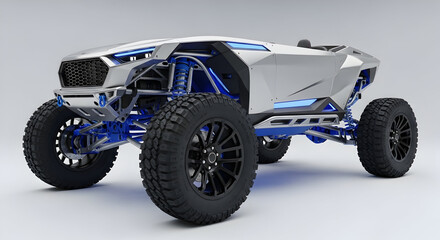 Obraz premium Futuristic Off-Road Electric Vehicle Concept with Large Tires and Advanced Suspension System for Extreme Terrain Adventure and High Performance Driving