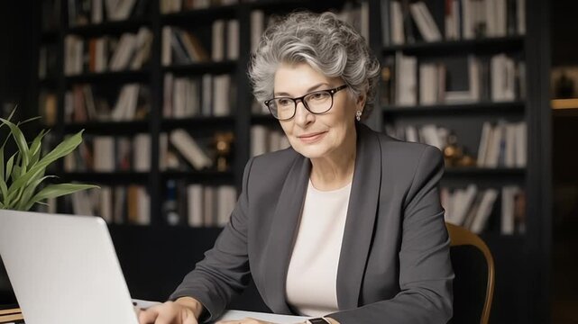 Elegant senior woman in blazer working on laptop with bookshelves in background