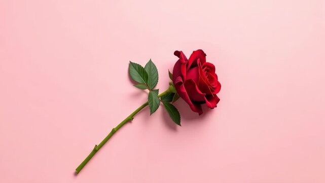 A single red rose with green leaves on a light pink background in the upper left corner of the frame