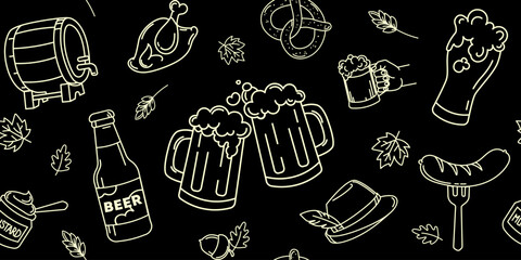 Oktoberfest Beer and Food Doodle Seamless Pattern on Black.German Food and Drink Doodle Background for Beer fest.Vector illustration